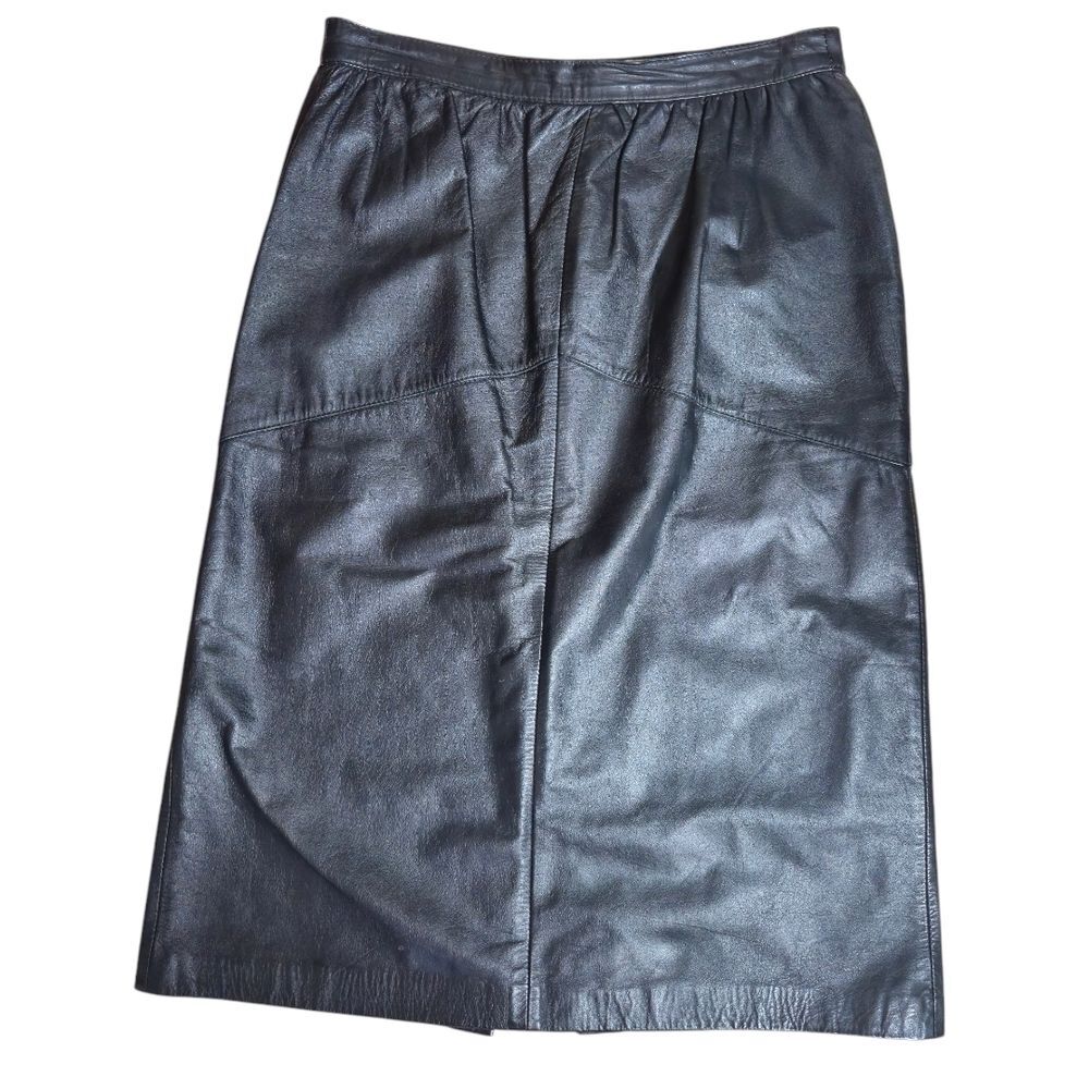 Vintage La Vogue Black Leather Midi Pencil Skirt 80s 90s Punk Rock Size 12